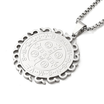 304 Stainless Steel Box Chain Saint Benedict Medal Pendant Necklaces for Women, Stainless Steel Color, 22.91 inch(58.2cm)