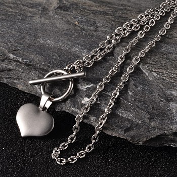 Valentine's Day Heart 304 Stainless Steel Lariat Necklaces, with Textured Cable Chains & Toggle Clasps, Stainless Steel Color, 17.1 inch(43.5cm)