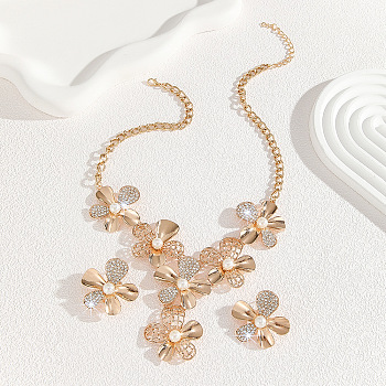 Flower Alloy Crystal Rhinestone & Plastic Pearl Pendant Necklaces & Stud Earrings Sets for Women, Golden, Necklace: 460~530mm