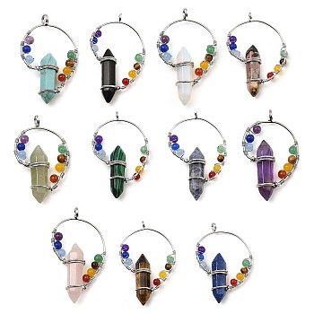 Natural & Synthetic Mixed Gemstone Double Terminal Pointed Big Pendants, Chakra Faceted Bullet Charms with Rack Plating Platinum Tone Brass Findings, 49~53x30~34x11mm, Hole: 4mm
