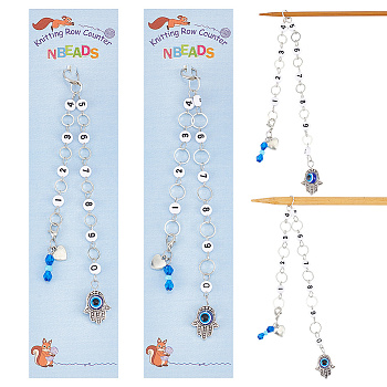 Number Acrylic & Glass Beaded Knitting Row Counter Chains, Brass Linking Ring Locking Stitch Marker, Evil Eye Hamsa Hand & Flat Round & Heart, Antique Silver & Silver, 27.3~29cm, 2 style, 1pc/style, 2pcs/set