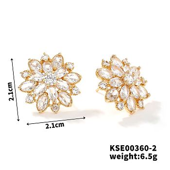 Fashionable Cute Shiny Brass Rhinestone Stud Earrings French Romantic Sunflower Earrings, Golden, 21x21mm