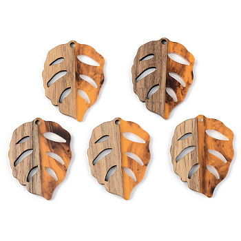 Autumn Theme Resin & Walnut Wood Pendants, Leaf, Orange, 37x28x3mm, Hole: 2mm