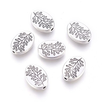 Tibetan Style Alloy Beads, Oval with Leaf, Antique Silver, Lead Free and Cadmium Free, 14x10x3mm, Hole: 1.5mm