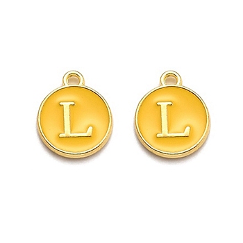 Golden Plated Alloy Enamel Charms, Enamelled Sequins, Flat Round with Alphabet, Letter.L, Yellow, 14x12x2mm, Hole: 1.5mm