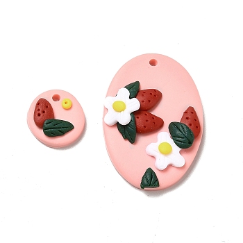 Handmade Polymer Clay Pendants Sets, Oval & Flat Round with Flower and 
Strawberry, Pink, 35x25x7.5mm, Hole: 2mm, 2pcs/set