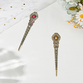 2Pcs 2 Colors Vintage Alloy Hair Sticks, with Resin, Hair Accessories for Women Girls, Antique Golden, Mixed Color, 147x24x7mm, 1pc/color