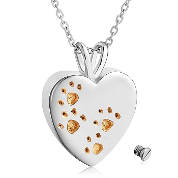 316L Surgical Stainless Steel Heart with Paw Print Urn Ashes Pendant Necklace with Enamel, Memorial Jewelry for Men Women, Stainless Steel Color, Gold, 17.72 inch(45cm)