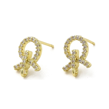 Rack Plating Brass & Cubic Zirconia Stud Earring Findings, Lead Free & Cadmium Free, Long-Lasting Plated, Bowknot, Real 18K Gold Plated, 9x10mm, Hole: 1.5mm, Pin: 12x1mm