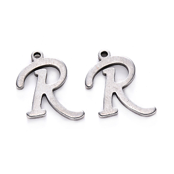 201 Stainless Steel Charms, Laser Cut, Stainless Steel Color, Letter.R, 13x12.5x1mm, Hole: 1mm