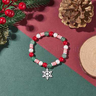 Natural Green Aventurine & Mashan Jade & Shell Pearl Stretch Bracelet with Christmas Snowflake Alloy Charm(BJEW-TA00089)-2