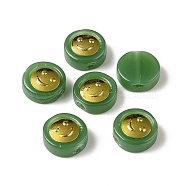 Transparent Spray Painted Glass Beads, with Golden Brass Findings, Flat Round with Smile, Green, 11.5x4mm, Hole: 1.2mm(GLAA-I050-15F)