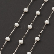 Glass Round Beaded Chains, with 304 Stainless Steel Findings, Unwelded, with Spool, White, 3x3.5mm, about 16.40 Feet(5m)/Roll(CHS-B003-04B)