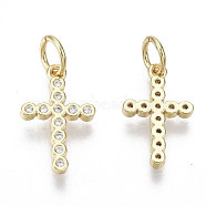 Brass Micro Pave Cubic Zirconia Tiny Cross Charms, with Jump Ring, Nickel Free, Clear, Real 18K Gold Plated, 14x8.5x1.5mm, Hole: 3mm(ZIRC-R109-019G-NF)