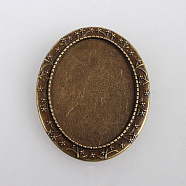 Vintage Alloy Brooch Cabochon Bezel Settings, with Iron Pin Brooch Back Bar Findings, Oval Carved Flower, Cadmium Free & Nickel Free & Lead Free, Antique Bronze, Tray: 40x30mm, 50x40x2mm, Pin: 0.6mm(PALLOY-N0085-22AB-NF)