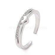 Clear Cubic Zirconia Heart Open Cuff Ring, Brass Jewelry for Women, Platinum, Inner Diameter: 16mm(RJEW-E072-15P)