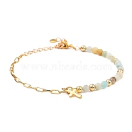 Charm Bracelets, with Natural Flower Amazonite Beads, 304 Stainless Steel Cross Charms, Brass Paperclip Chains & Round Beads, 7-5/8 inch(19.3cm)(BJEW-JB05336-02)