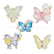 5Pcs 5 Style Butterfly with Flower Enamel Pins, Light Gold Alloy Brooches for Backpacks Clothes Hats, Mixed Color, 21.5~30x29.5~30mm, 1Pc/style(JBR093A)