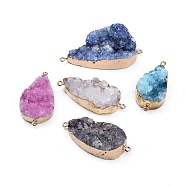 Electroplated Natural & Dyed Druzy Quartz Links connectors, with Brass Findings, teardrop, Golden, Mixed Color, 43~50x20~24x10~17mm, Hole: 1.5mm(G-E499-07-G)