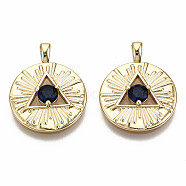 Brass Micro Pave Blue Cubic Zirconia Pendants, Nickel Free, Flat Round with All Seeing Eye, Real 18K Gold Plated, 22x17x3mm, Hole: 2x3mm(X-KK-S356-218G-NF)