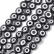 Handmade Evil Eye Lampwork Beads Strands, Flat Round, Black, 6x2.5mm, Hole: 1mm, about 64~65pcs/strand, 14.1 inch~14.5 inch(LAMP-S191-02A-11)