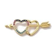 Eco-Friendly Rack Plating Brass Micro Pave Cubic Zirconia Connector Charms, Long-Lasting Plated, Lead Free & Cadmium Free, Double Heart with Arrow, Real 18K Gold Plated, 12.5x36.5x3mm, Hole: 1.2mm(KK-F853-24G)
