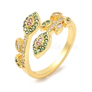Colorful Cubic Zirconia Leaf Cuff Ring, Brass Jewelry for Women, Real 16K Gold Plated, US Size 8(18.1mm)(RJEW-L106-001G)