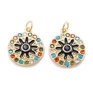 Real 18K Gold Plated Brass Micro Pave Cubic Zirconia Pendants, with Enamel and Jump Ring, Long-Lasting Plated, Flat Round with Flower, Black, 19x16x3mm, Jump Ring: 5x0.8mm, 3.4mm inner diameter(ZIRC-M114-51G-03)