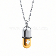Medical Theme Pill Shape Stainless Steel Pendant Necklaces with Cable Chains, Real 18K Gold Plated, no size(JS1441-1)