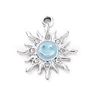 Alloy Enamel Pendants, with Crystal Rhinestone, Smiling Sun Charms, Platinum, Light Sky Blue, 22.5x19.5x2.5mm, Hole: 2mm(ENAM-P245-01P-03)