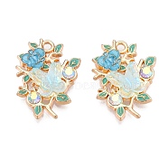 Rack Plating Alloy Enamel Pendants, Rhinestone & Resin Pave, Cadmium Free & Nickel Free & Lead Free, Light Gold, Flower with Butterfly Charm, Deep Sky Blue, 26x20x6mm, Hole: 2mm(ENAM-N056-373KCG-02)