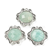Natural Amazonite Faceted Connector Charms, Rack Plating Platinum Plated Brass Oval Links, 23x23.5x6~6.5mm, Hole: 1.5mm(G-M431-09P-01)