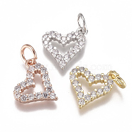 Brass Micro Pave Cubic Zirconia Charms, with Jump Ring, Long-Lasting Plated, Heart, Clear, Mixed Color, 10x10x2mm, Hole: 3mm(ZIRC-F111-19)