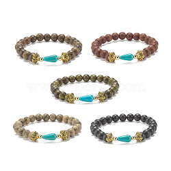 Natural Wood Round Beaded Stretch Bracelet with Synthetic Turquoise Teardrop, Yoga Bracelet for Women, Mixed Color, Inner Diameter: 2-1/4 inch(5.8cm)(BJEW-JB07992)