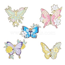 5Pcs 5 Style Butterfly with Flower Enamel Pins, Light Gold Alloy Brooches for Backpacks Clothes Hats, Mixed Color, 21.5~30x29.5~30mm, 1Pc/style(JBR093A)