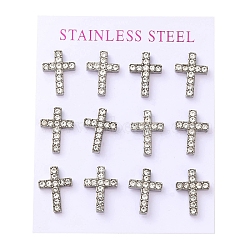 Ion Plating(IP) 304 Stainless Steel Cross Stud Earrings, with Rhinestone, Stainless Steel Color, 15x11mm(EJEW-C099-10P)