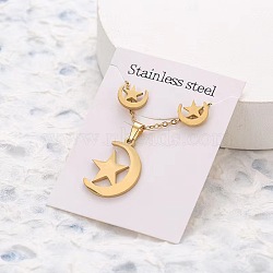 201 Stainless Steel Pendant Necklaces & Stud Earrings Sets, Golden, Moon, 10x8mm & 400mm(FS-WG852B2-05)