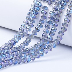 Electroplate Transparent Glass Beads Strands, Full Rainbow Plated, Faceted, Rondelle, Cornflower Blue, 6x5mm, Hole: 1mm, about 85~88pcs/strand, 16.1~16.5 inch(41~42cm)(EGLA-A034-T6mm-Y02)