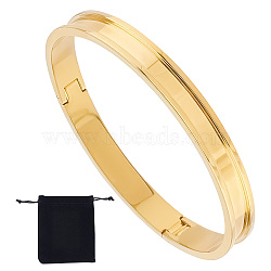 1Pc Stainless Steel Grooved Bangles, DIY Leather Inlay Bangles, with 1Pc Velvet Pouches, Golden, Inner Diameter: 2-1/2x2-1/8 inch(6.3x5.5cm)(STAS-UN0042-50A-G)