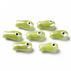 Handmade Porcelain Beads, Famille Rose Style, Fish, Yellow Green, 19.5x10x8mm, Hole: 2mm(X-PORC-T007-06B)