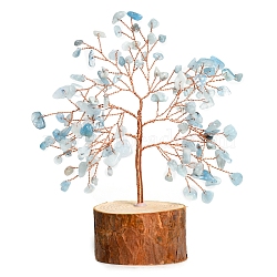 Natural Aquamarine Chips Tree of Life Decorations, Column Wood Base with Copper Wire Feng Shui Energy Stone Gift for Home Office Desktop Decoration, 60x160mm(PW-WG59627-06)