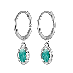 Anti-Tarnish Rhodium Plated 925 Sterling Siliver Enamel Oval Dangle Hoop Earrings, with S925 Stamp, Platinum, 21x6mm(QO5135-2)