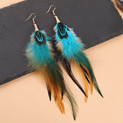 Alloy Feather Dangle Earrings, Golden, Dark Turquoise, 155x45mm(FS-WGF4526-01)