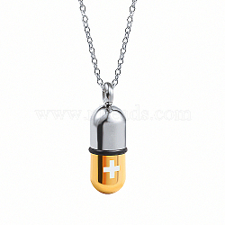 Medical Theme Pill Shape Stainless Steel Pendant Necklaces with Cable Chains, Real 18K Gold Plated, no size(JS1441-1)