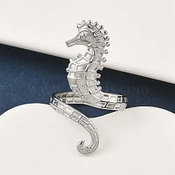 304 Stainless Steel Open Cuff Rings for Women, Stainless Steel Color, Sea Horse, Inner Diameter: 17.8mm(RJEW-A079-03A-P)
