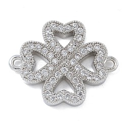 Rack Plating Brass Micro Pave Clear Cubic Zirconia Clover Connector Charms, Long-Lasting Plated, Lead Free & Cadmium Free, Platinum, 16x19.5x2.5mm, Hole: 1.2mm(KK-A234-042P)