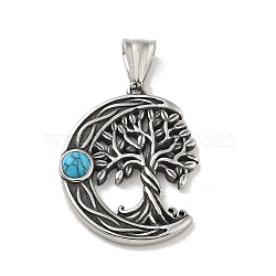 304 Stainless Steel Pendants, with Synthetic Turquoise, Moon with Tree of Life Charm, Antique Silver, 33x26.5x5mm, Hole: 8x5mm(STAS-M336-03AS)