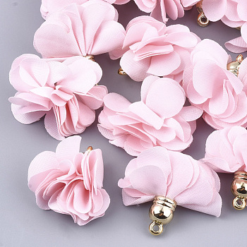 Cloth Pendants, with CCB Plastic, 6-Petal, Flower, Golden, Pink, 26~27x17~28mm, Hole: 1.6mm