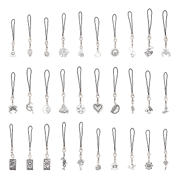 Fairy Tales Style Cell Phone Straps, with Alloy Pandant and Nylon Cord Loop, Star/Gesture/Cloud/Kite, Antique Silver, 7.7~8.7cm, 30pcs/set, 1 set/box