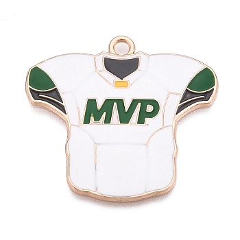 Rugby Theme Alloy Enamel Pendants, Light Gold, Rugby Jersey Charm, White, 31.5x34x1.5mm, Hole: 2.1mm